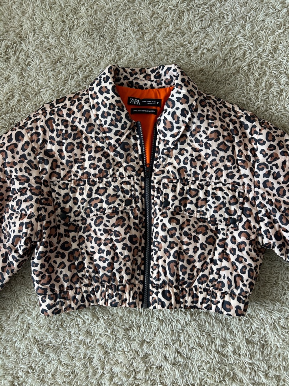 NWOT Zara Leopard Print Cropped Quilted Bomber Jacket Size XS